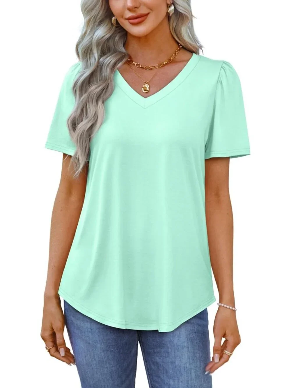 Women's T Shirts Green V Neck Dressy Casual Puff Short Sleeves Summer Tops